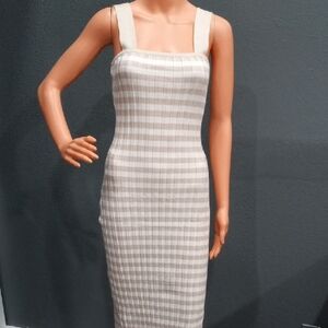 Summer Striped Knit Bodycon Midi Dress Women Square Neck Tank Dress Side Slit